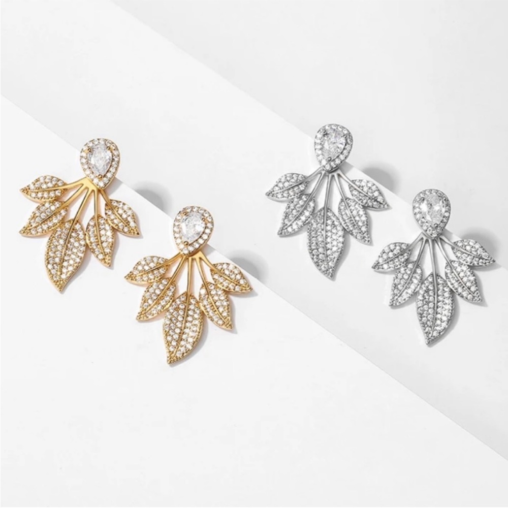 Diamond Leaf Floral Crystal Bohemian Gold 925 Sterling Silver Festival Earrings - Picture 4 of 6